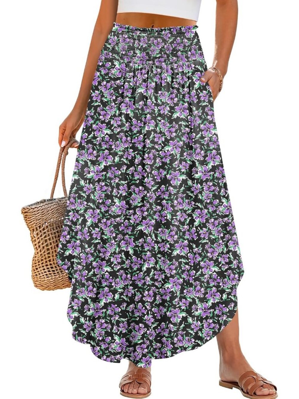 Women's Purple/Black Boho Floral High Waisted Smocked Flowy Pocket Maxi Skirt